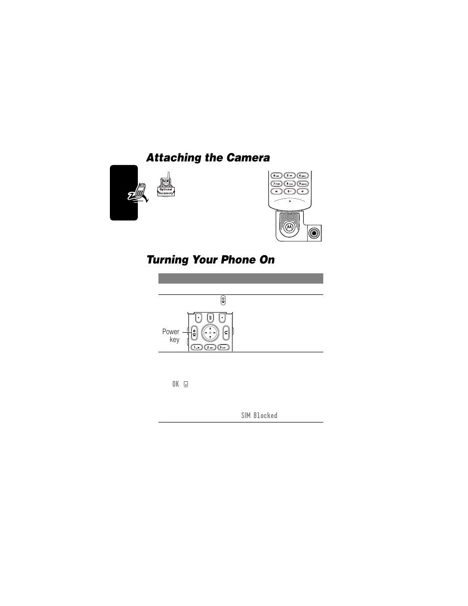 Attaching the camera, Turning your phone on, Attaching the camera turning your phone on | Motorola T720i User Manual | Page 22 / 112