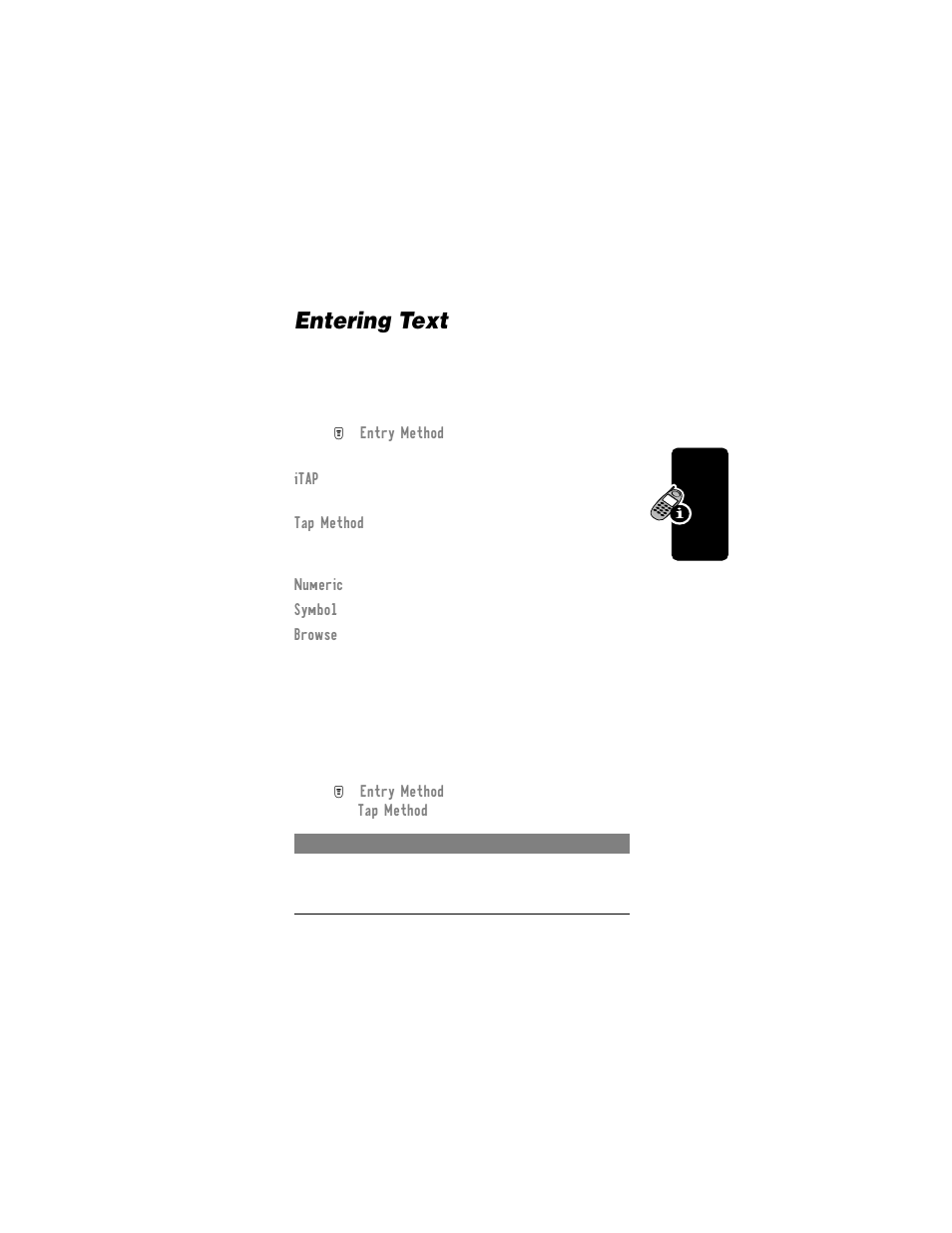Entering text, Choose a text mode, Use tap method | Motorola T720i User Manual | Page 35 / 112