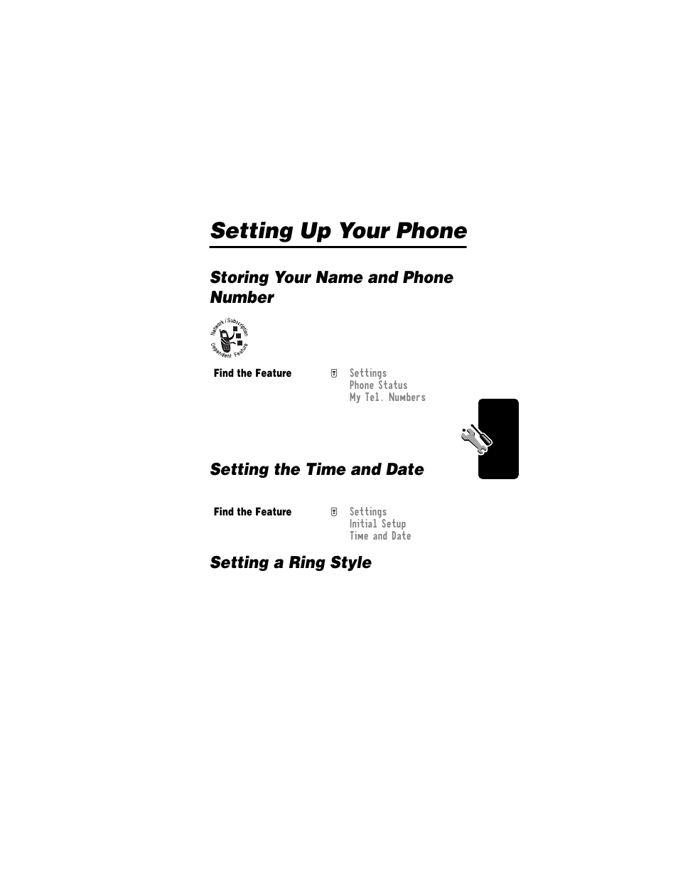 Setting up your phone, Storing your name and phone number, Setting the time and date | Setting a ring style | Motorola T720i User Manual | Page 47 / 112