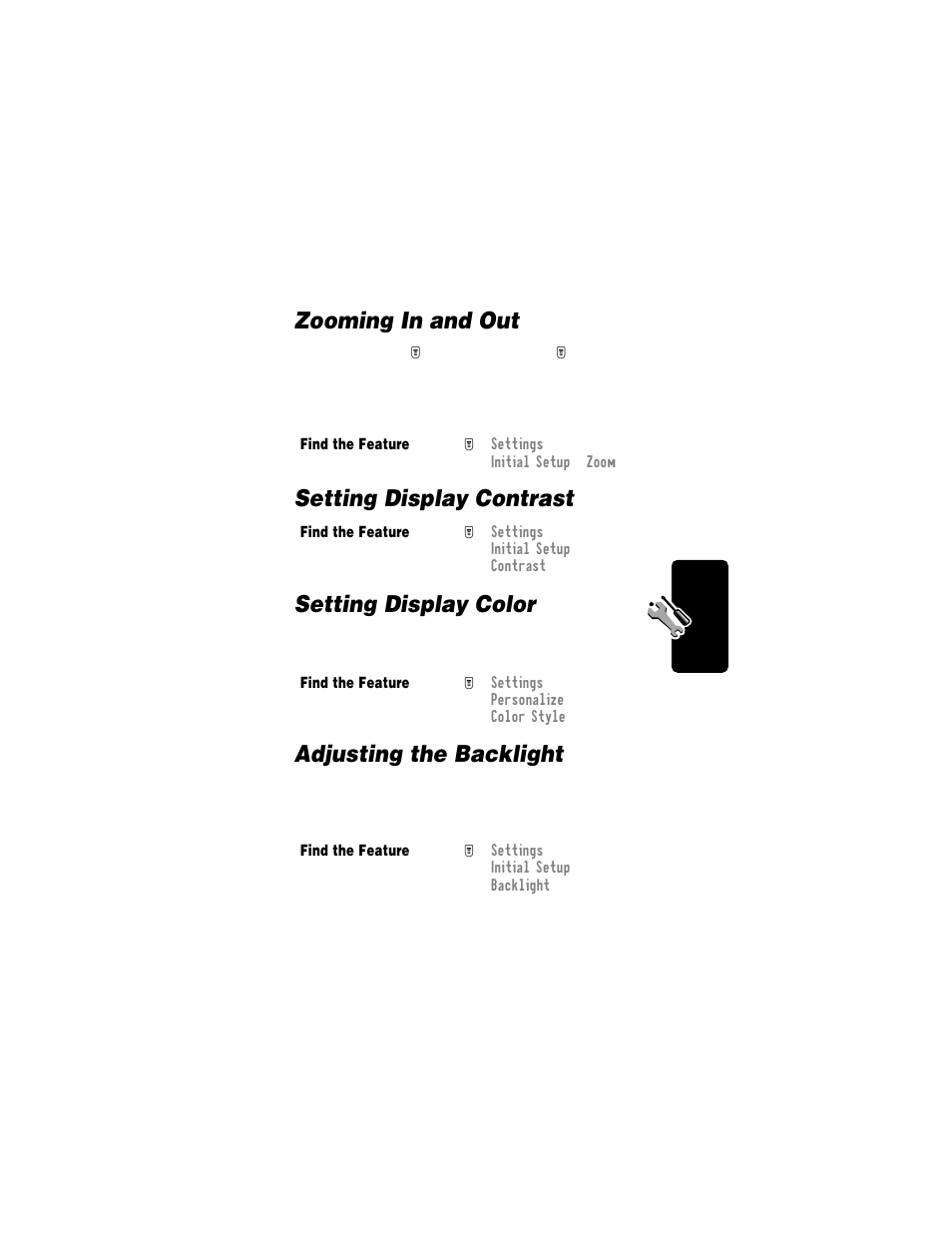 Zooming in and out, Setting display contrast, Setting display color | Adjusting the backlight, Setting display contrast setting display color | Motorola T720i User Manual | Page 51 / 112