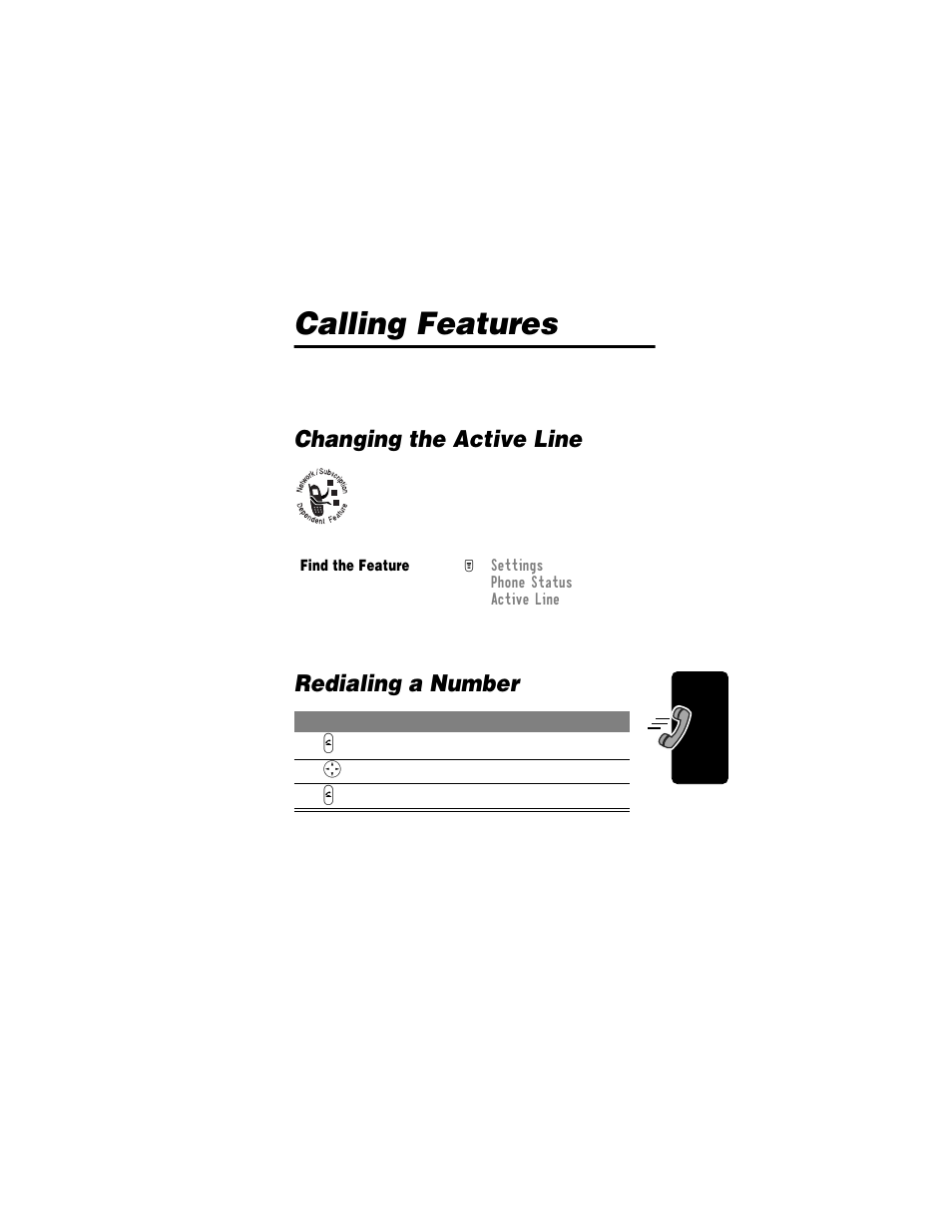 Calling features, Changing the active line, Redialing a number | Changing the active line redialing a number | Motorola T720i User Manual | Page 53 / 112