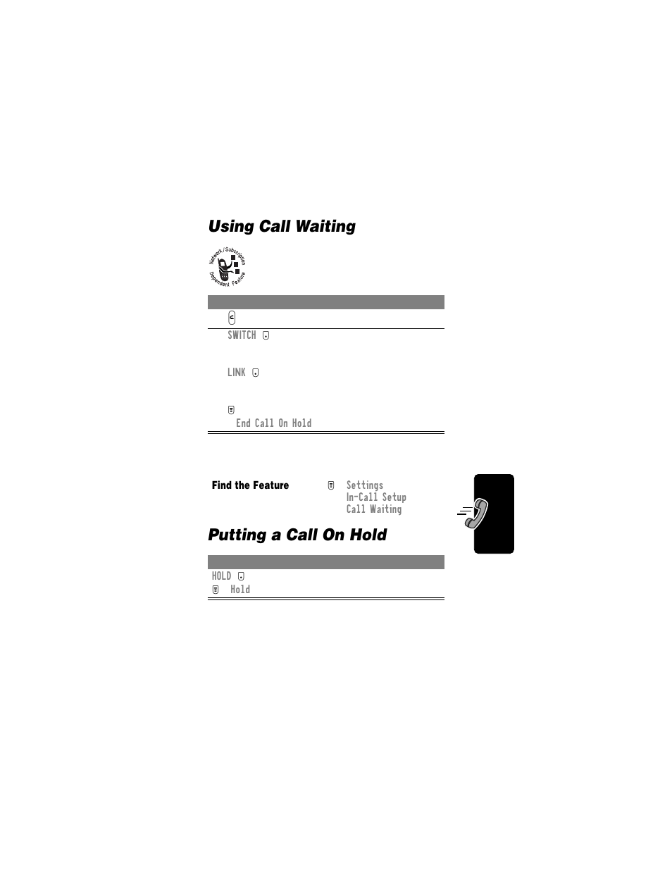 Using call waiting, Putting a call on hold | Motorola T720i User Manual | Page 63 / 112