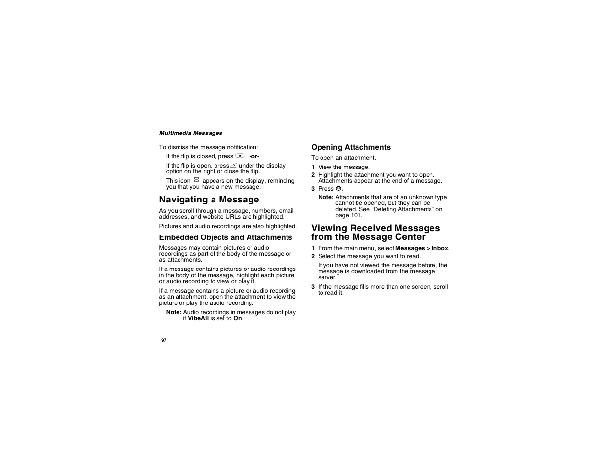 Navigating a message, Viewing received messages from the message center, Viewing received messages | From the message center | Motorola i560 User Manual | Page 106 / 209