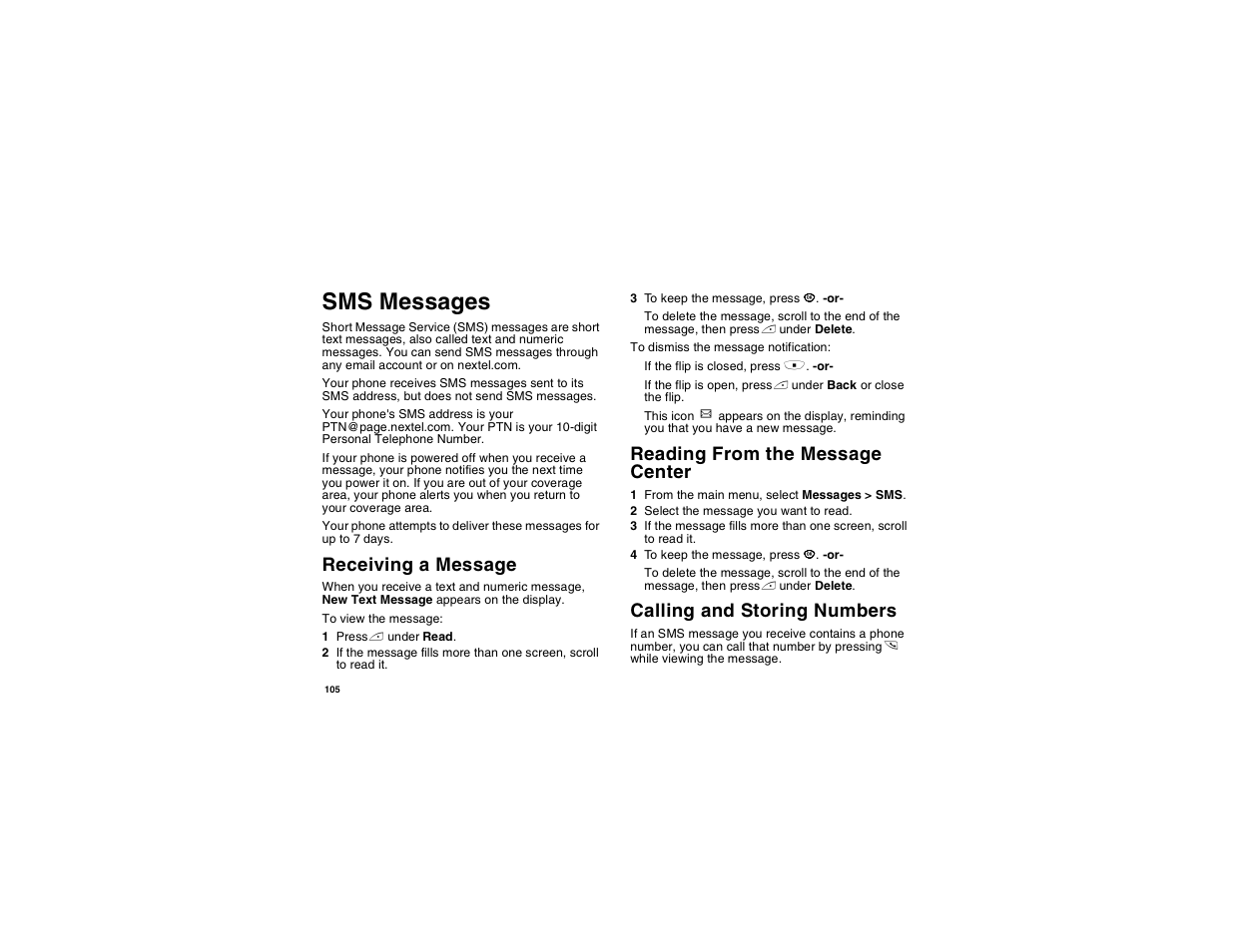 Sms messages, Receiving a message, Reading from the message center | Calling and storing numbers | Motorola i560 User Manual | Page 114 / 209