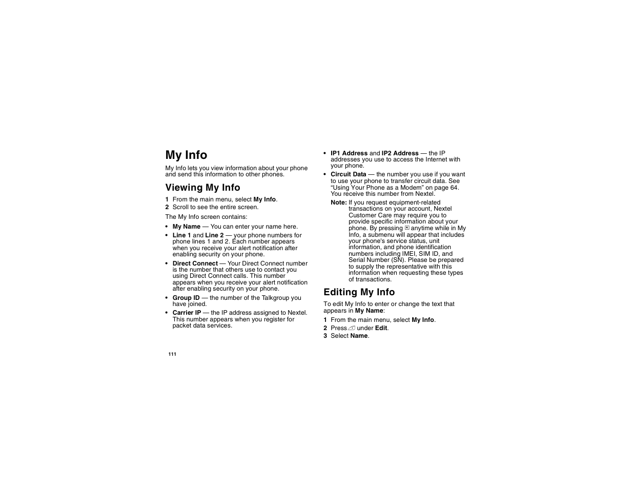 My info, Viewing my info, Editing my info | Motorola i560 User Manual | Page 120 / 209