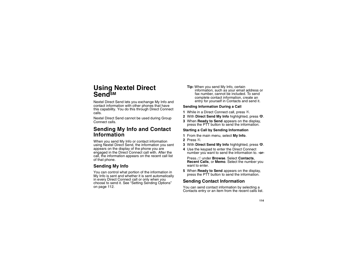 Using nextel direct sendsm, Sending my info and contact information, Using nextel direct send | Motorola i560 User Manual | Page 123 / 209