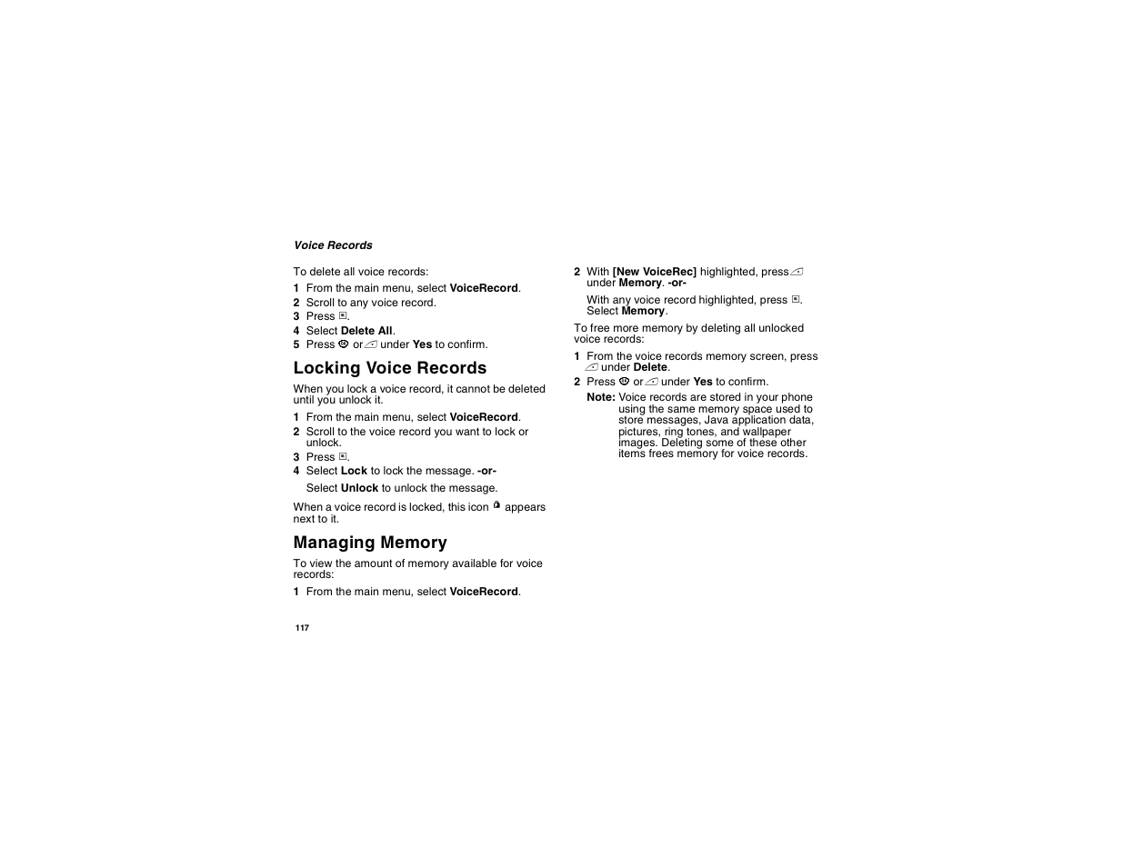 Locking voice records, Managing memory | Motorola i560 User Manual | Page 126 / 209