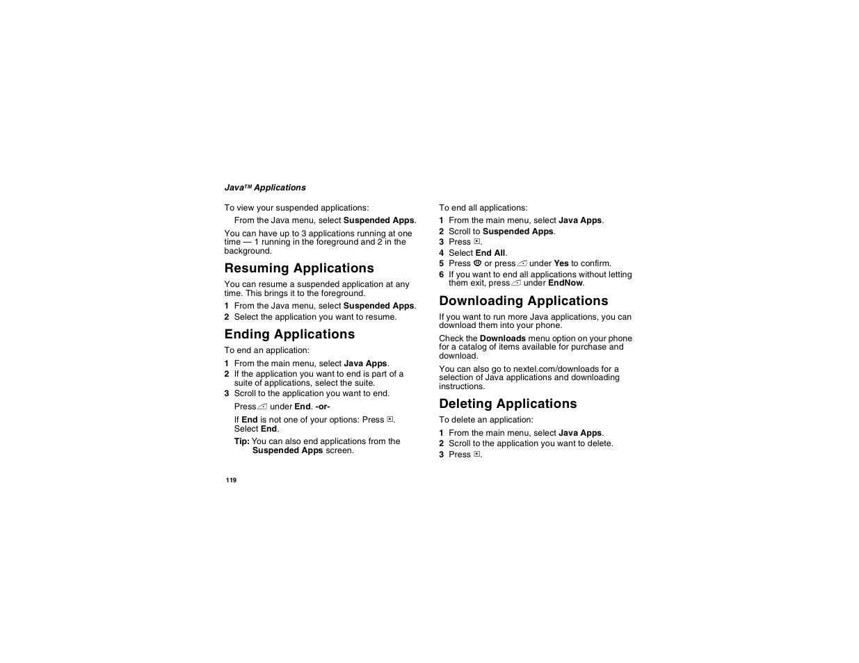 Resuming applications, Ending applications, Downloading applications | Deleting applications | Motorola i560 User Manual | Page 128 / 209