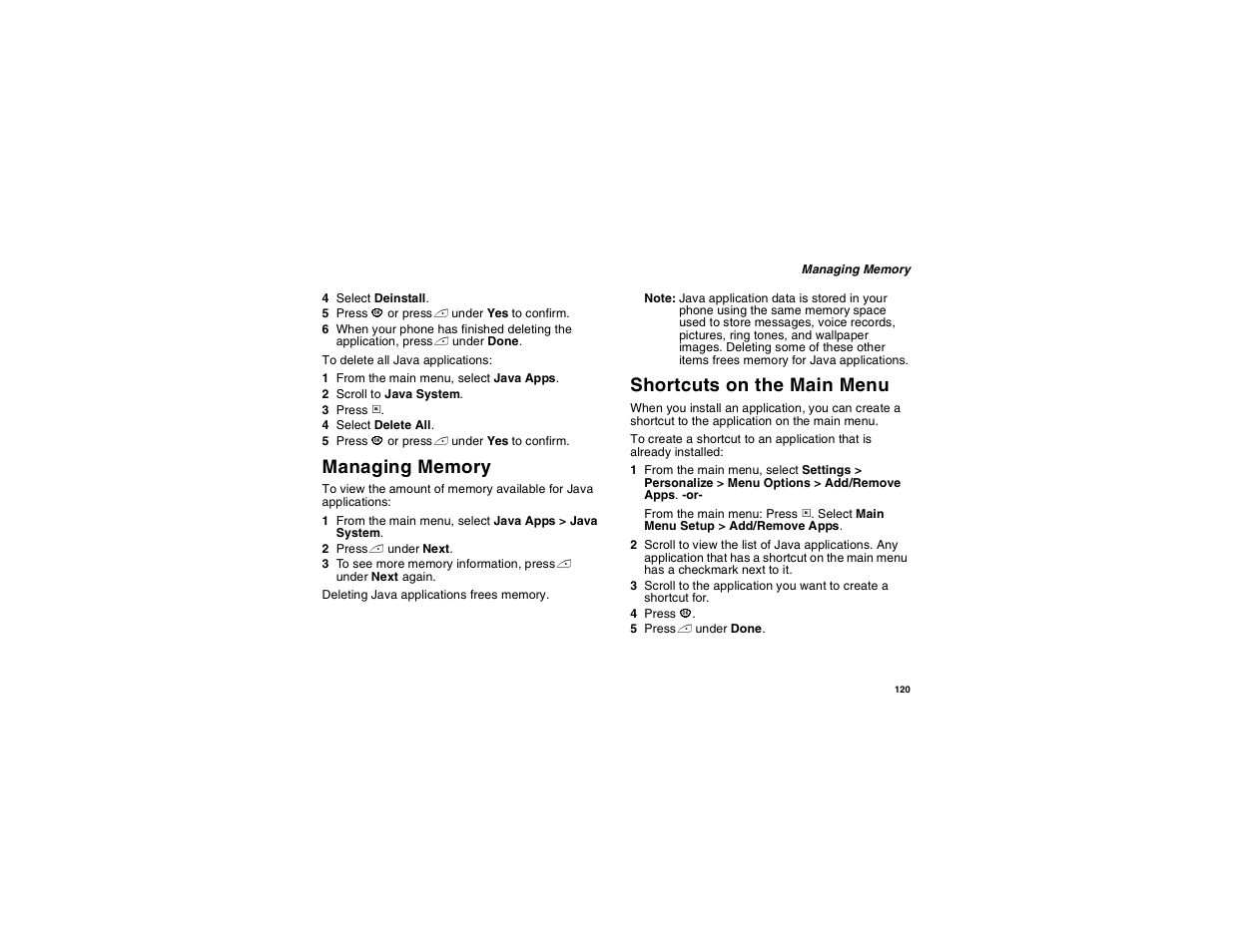 Managing memory, Shortcuts on the main menu | Motorola i560 User Manual | Page 129 / 209