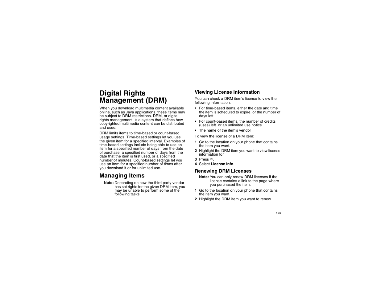 Digital rights management (drm), Managing items | Motorola i560 User Manual | Page 133 / 209