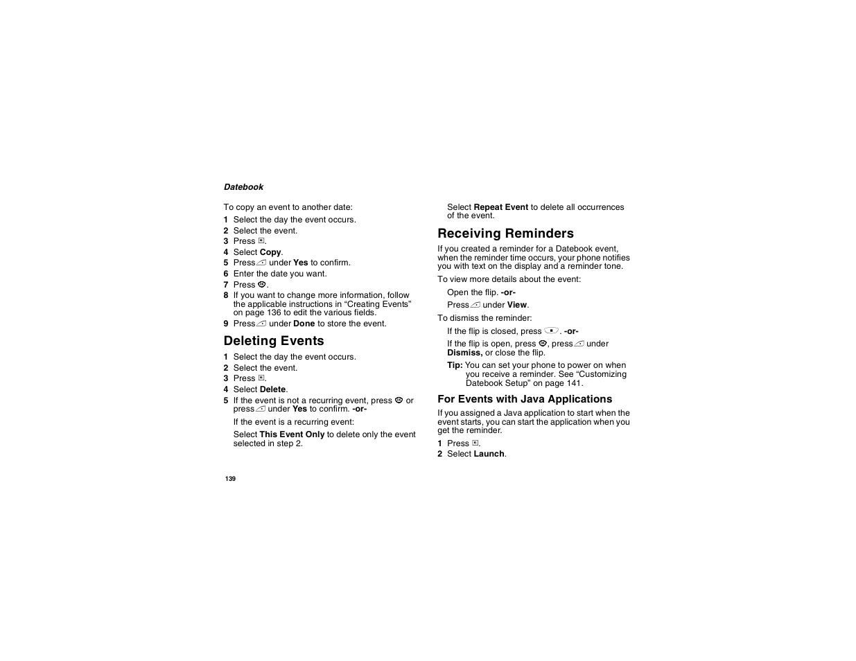 Deleting events, Receiving reminders | Motorola i560 User Manual | Page 148 / 209