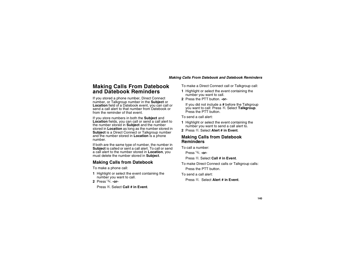 Making calls from datebook and datebook reminders, Making calls from datebook and, Datebook reminders | Motorola i560 User Manual | Page 149 / 209