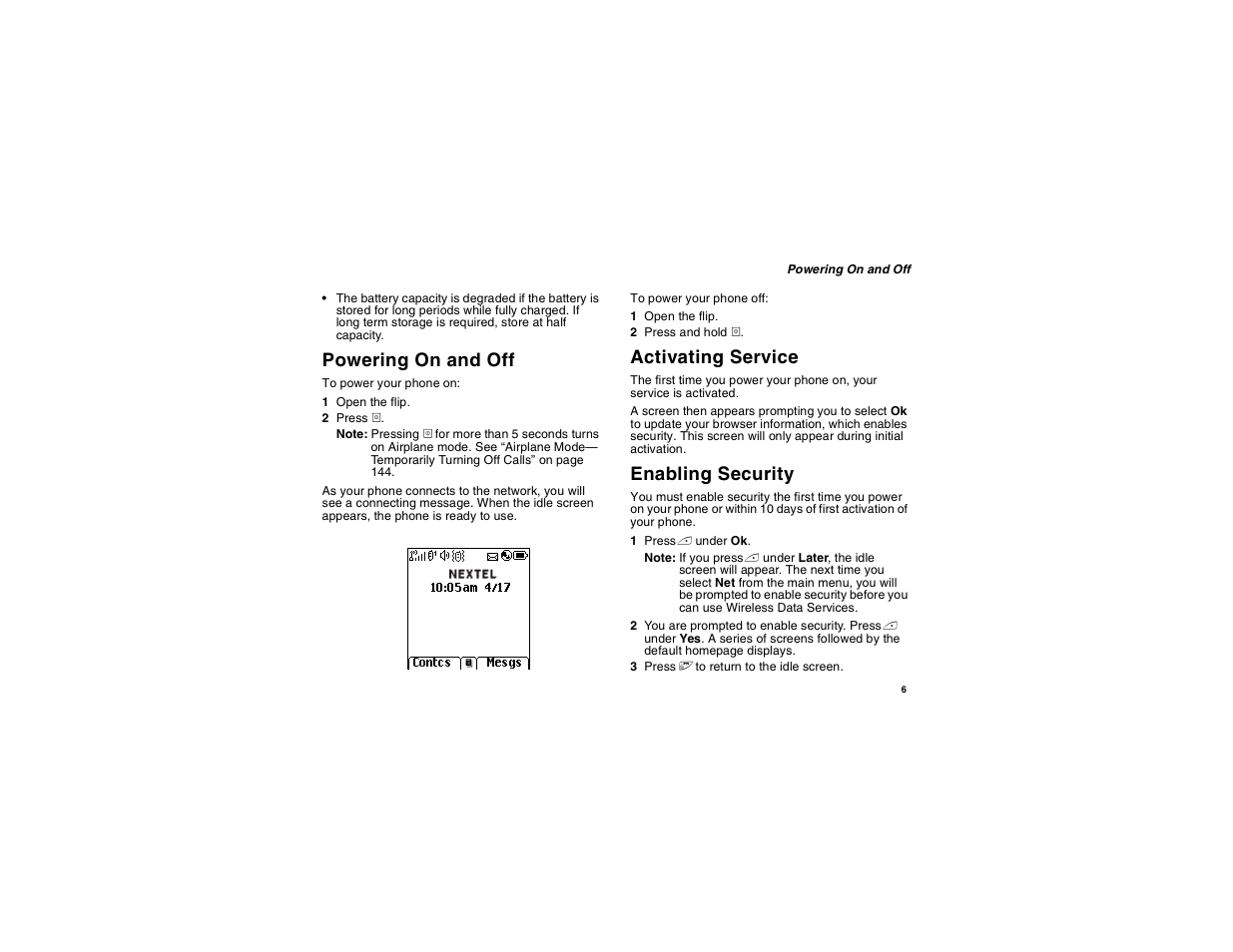 Powering on and off, Activating service, Enabling security | Motorola i560 User Manual | Page 15 / 209