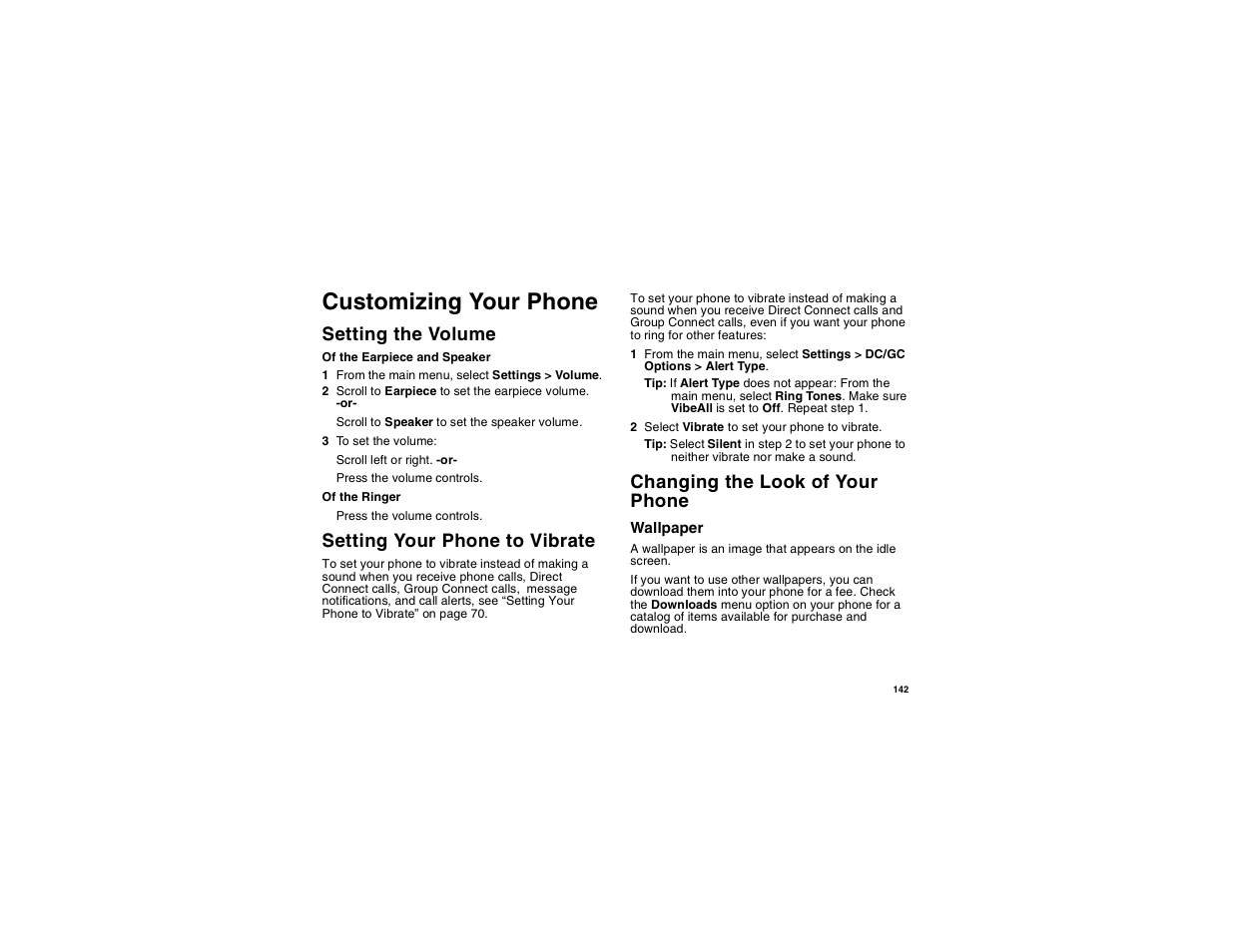 Customizing your phone, Setting the volume, Setting your phone to vibrate | Changing the look of your phone, Setting the volume setting your phone to vibrate | Motorola i560 User Manual | Page 151 / 209