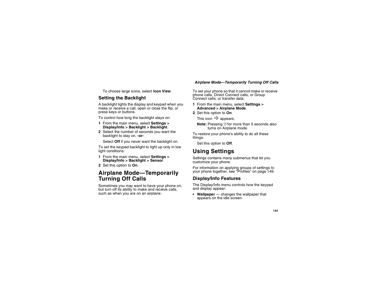 Airplane mode-temporarily turning off calls, Using settings, Airplane mode | Temporarily turning off calls, Airplane mode—temporarily turning off calls | Motorola i560 User Manual | Page 153 / 209