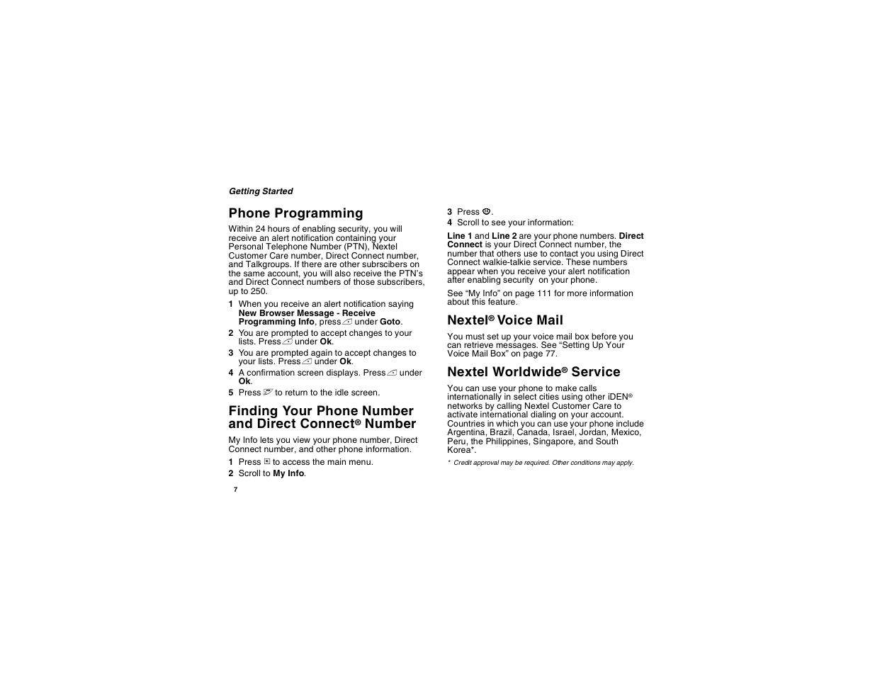 Phone programming, Nextel® voice mail, Nextel worldwide® service | Connect, Nextel, Nextel worldwide, Finding your phone number and direct connect, Number, Voice mail, Service | Motorola i560 User Manual | Page 16 / 209