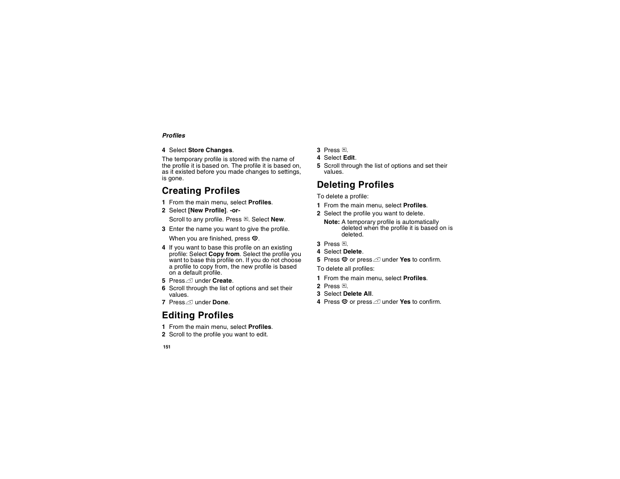 Creating profiles, Editing profiles, Deleting profiles | Motorola i560 User Manual | Page 160 / 209