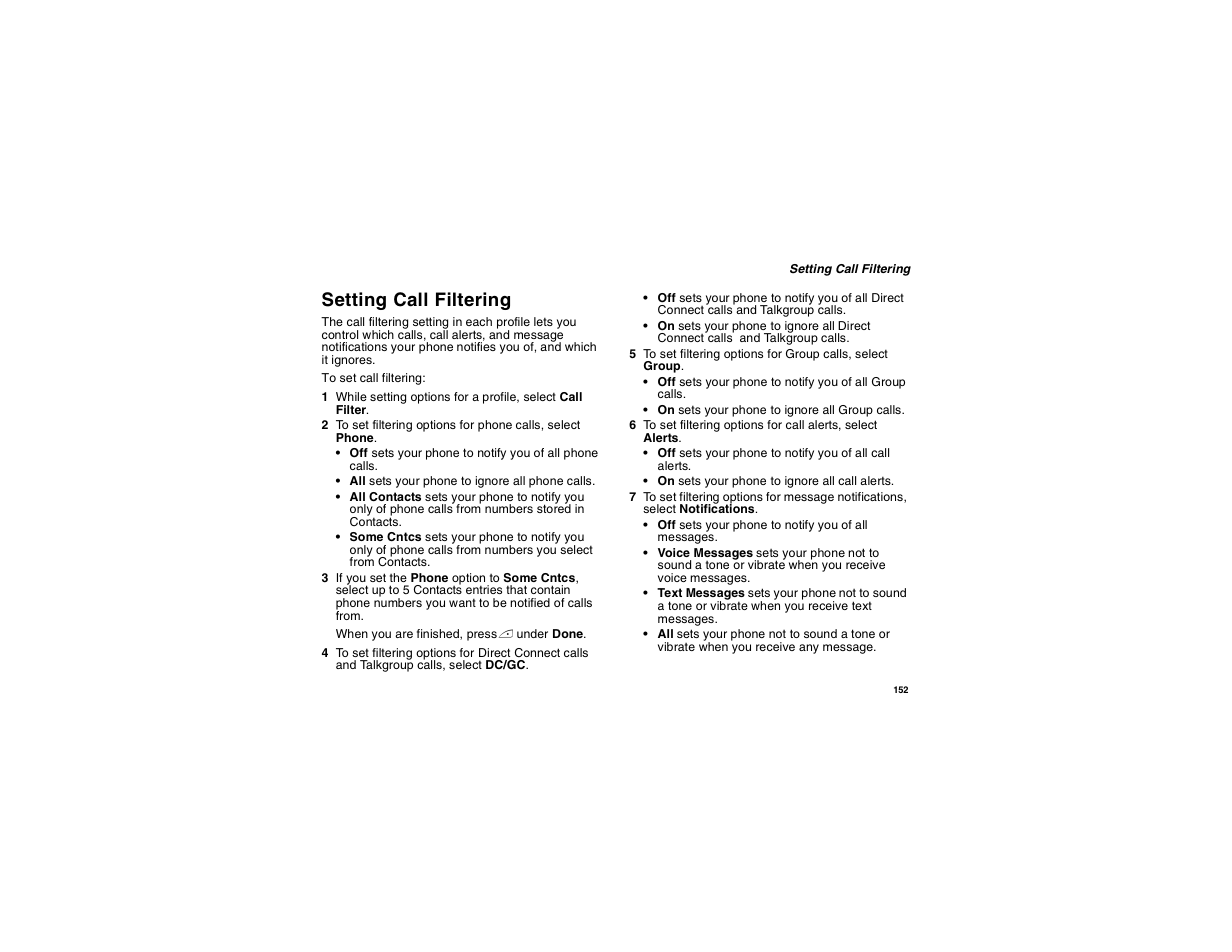 Setting call filtering | Motorola i560 User Manual | Page 161 / 209