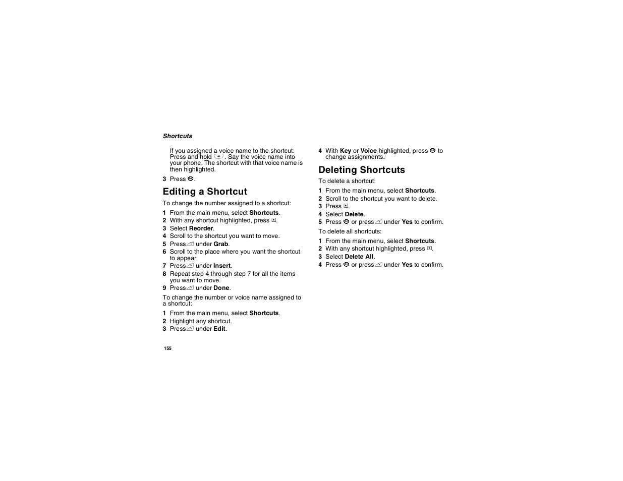 Editing a shortcut, Deleting shortcuts | Motorola i560 User Manual | Page 164 / 209