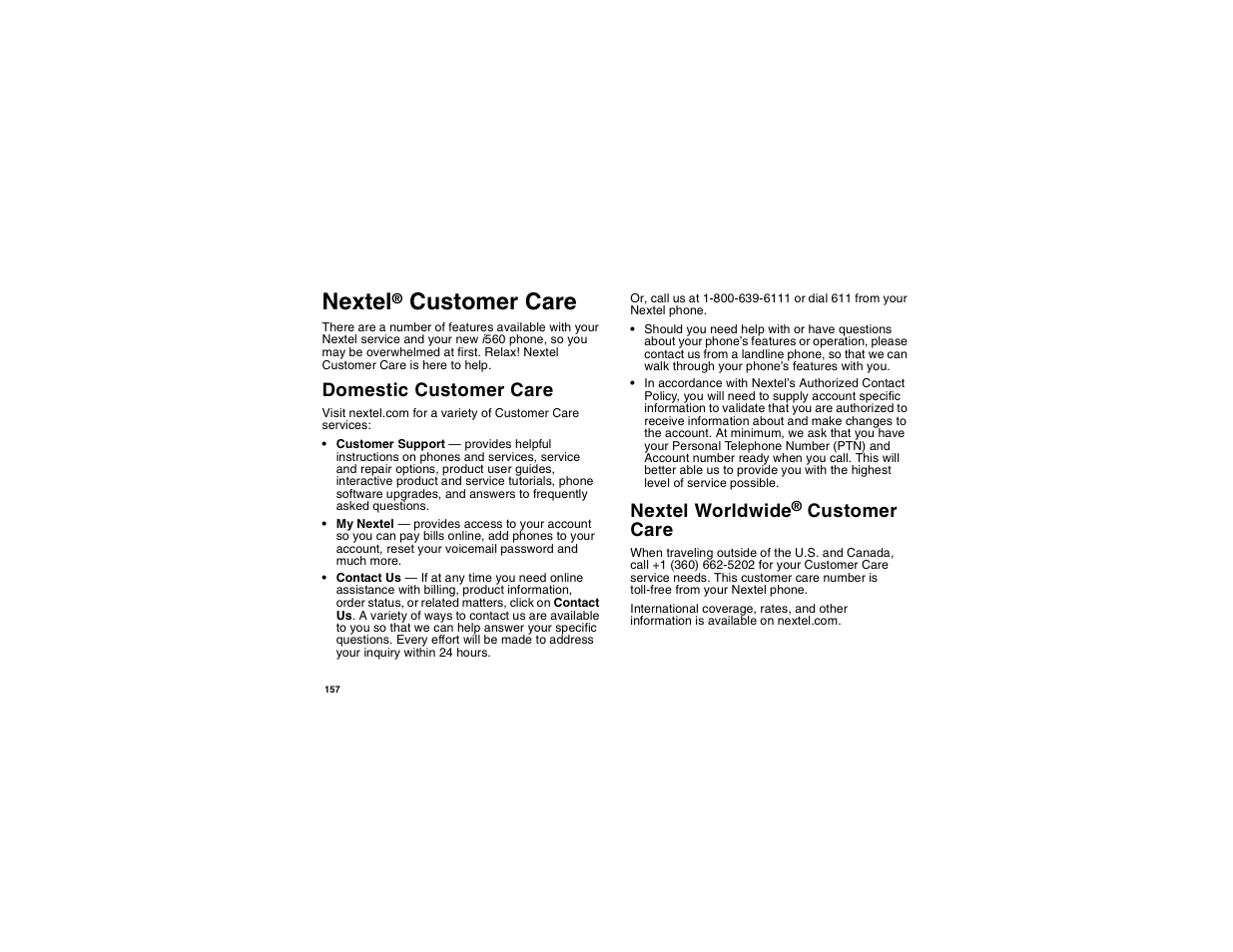 Nextel® customer care, Domestic customer care, Nextel worldwide® customer care | Nextel, Nextel worldwide, Customer care | Motorola i560 User Manual | Page 166 / 209