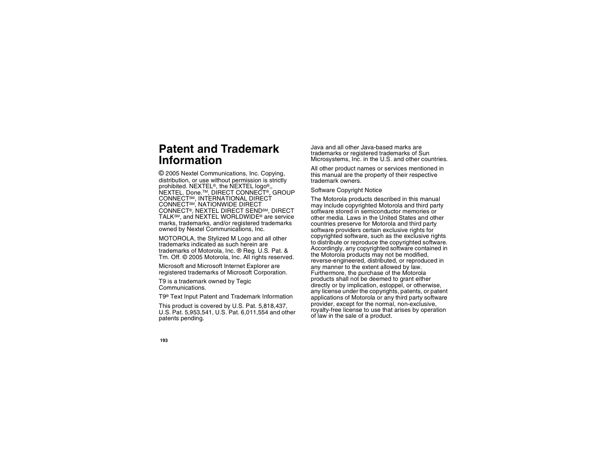 Patent and trademark information | Motorola i560 User Manual | Page 202 / 209