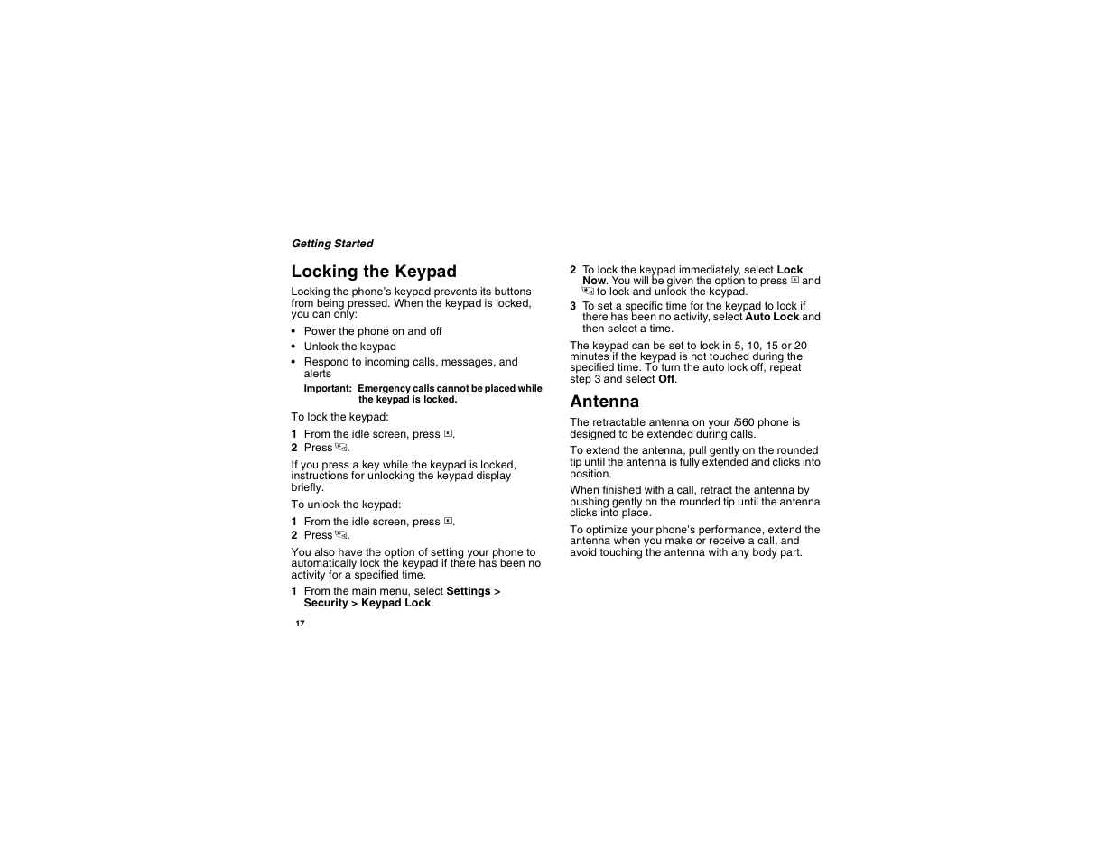 Locking the keypad, Antenna | Motorola i560 User Manual | Page 26 / 209