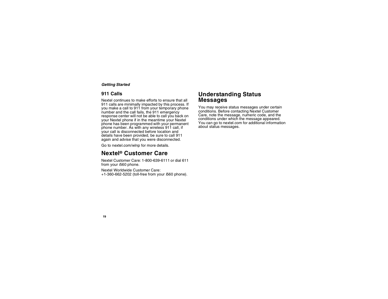 Nextel® customer care, Understanding status messages, Nextel | Customer care | Motorola i560 User Manual | Page 28 / 209