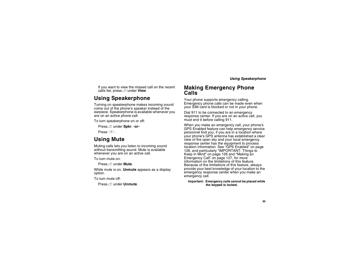 Using speakerphone, Using mute, Making emergency phone calls | Motorola i560 User Manual | Page 39 / 209