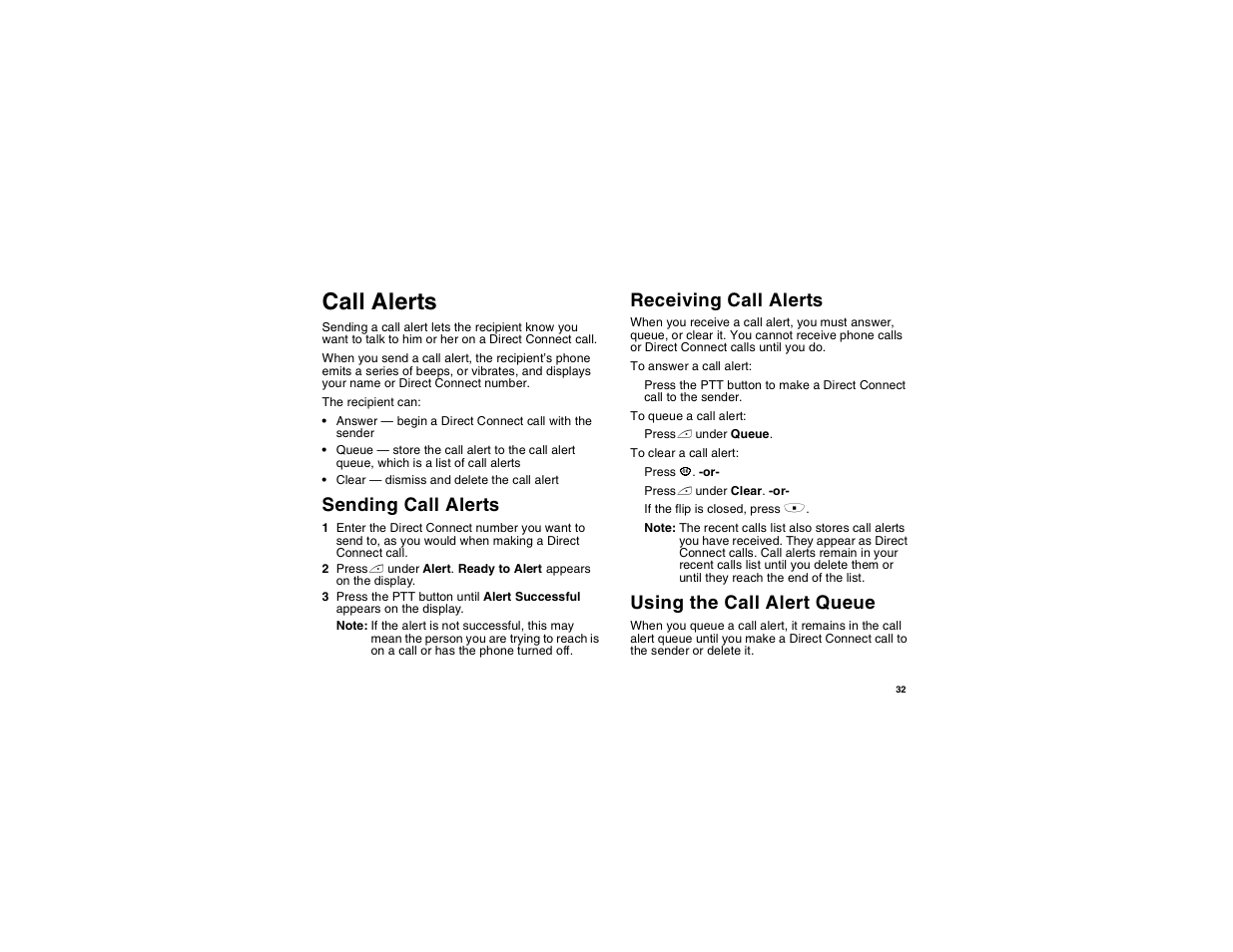 Call alerts, Sending call alerts, Receiving call alerts | Using the call alert queue | Motorola i560 User Manual | Page 41 / 209