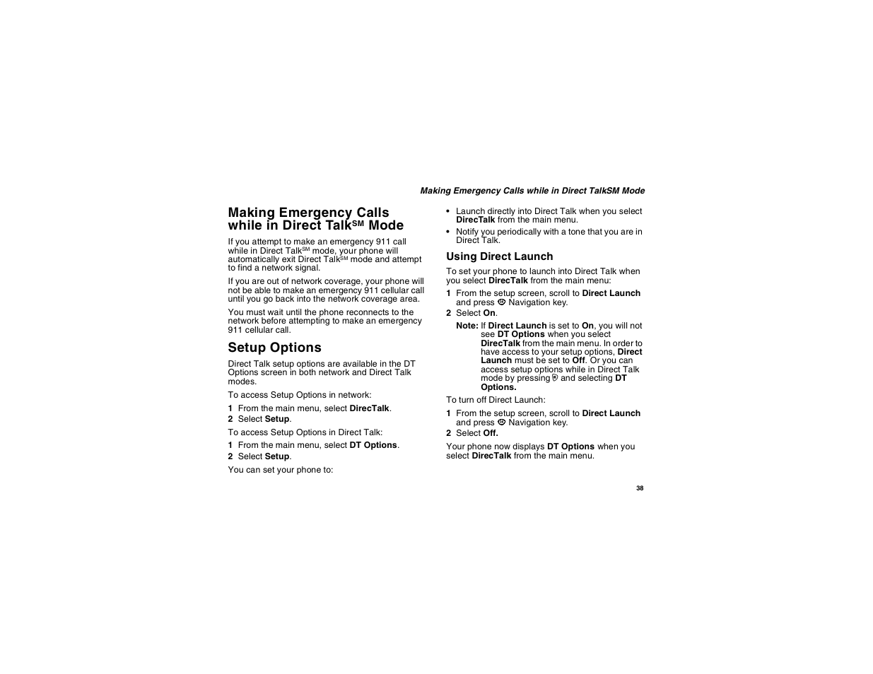 Making emergency calls while in direct talksm mode, Setup options, Making emergency calls | While in direct talk, Making emergency calls while in direct talk, Mode | Motorola i560 User Manual | Page 47 / 209