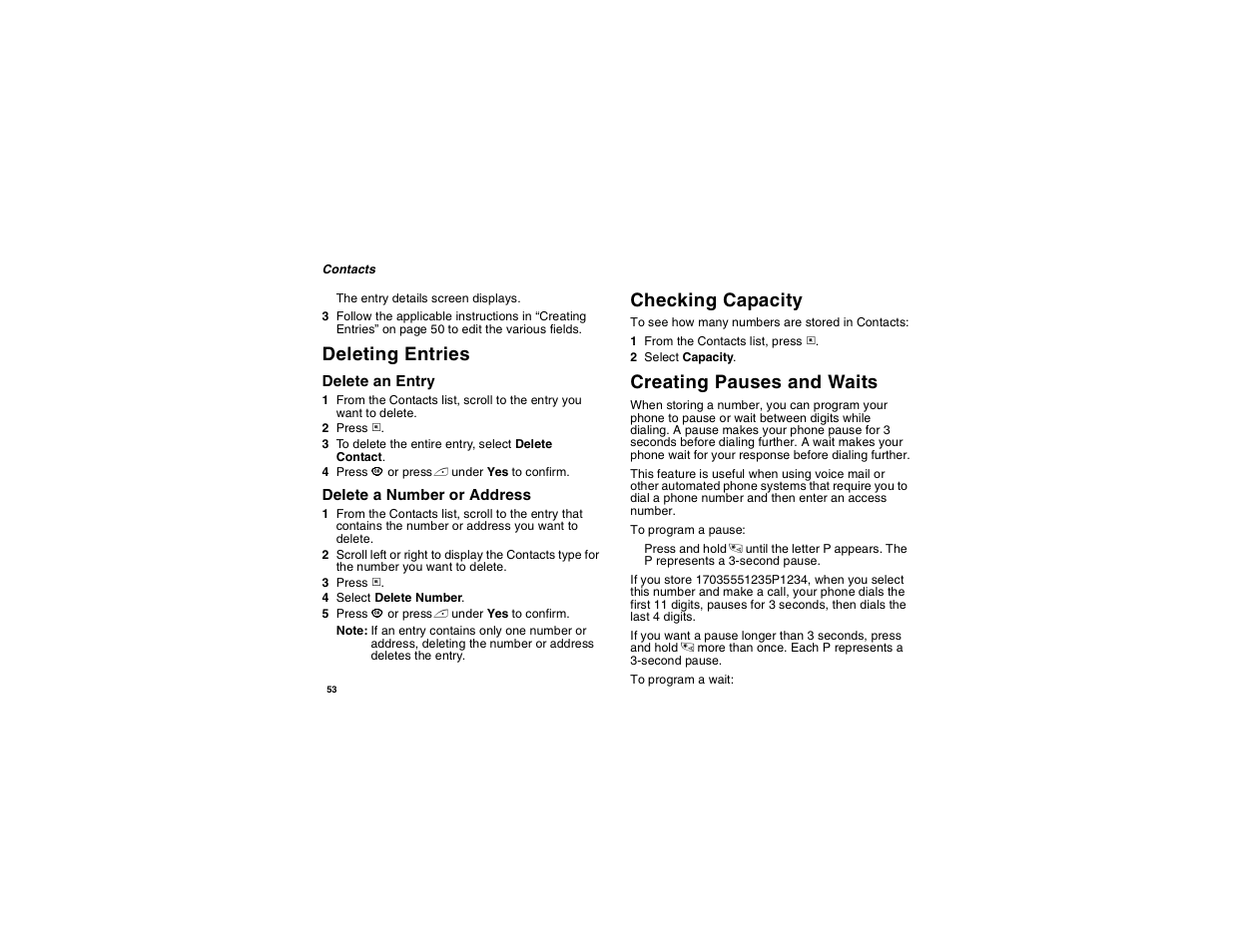 Deleting entries, Checking capacity, Creating pauses and waits | Deleting entries checking capacity | Motorola i560 User Manual | Page 62 / 209