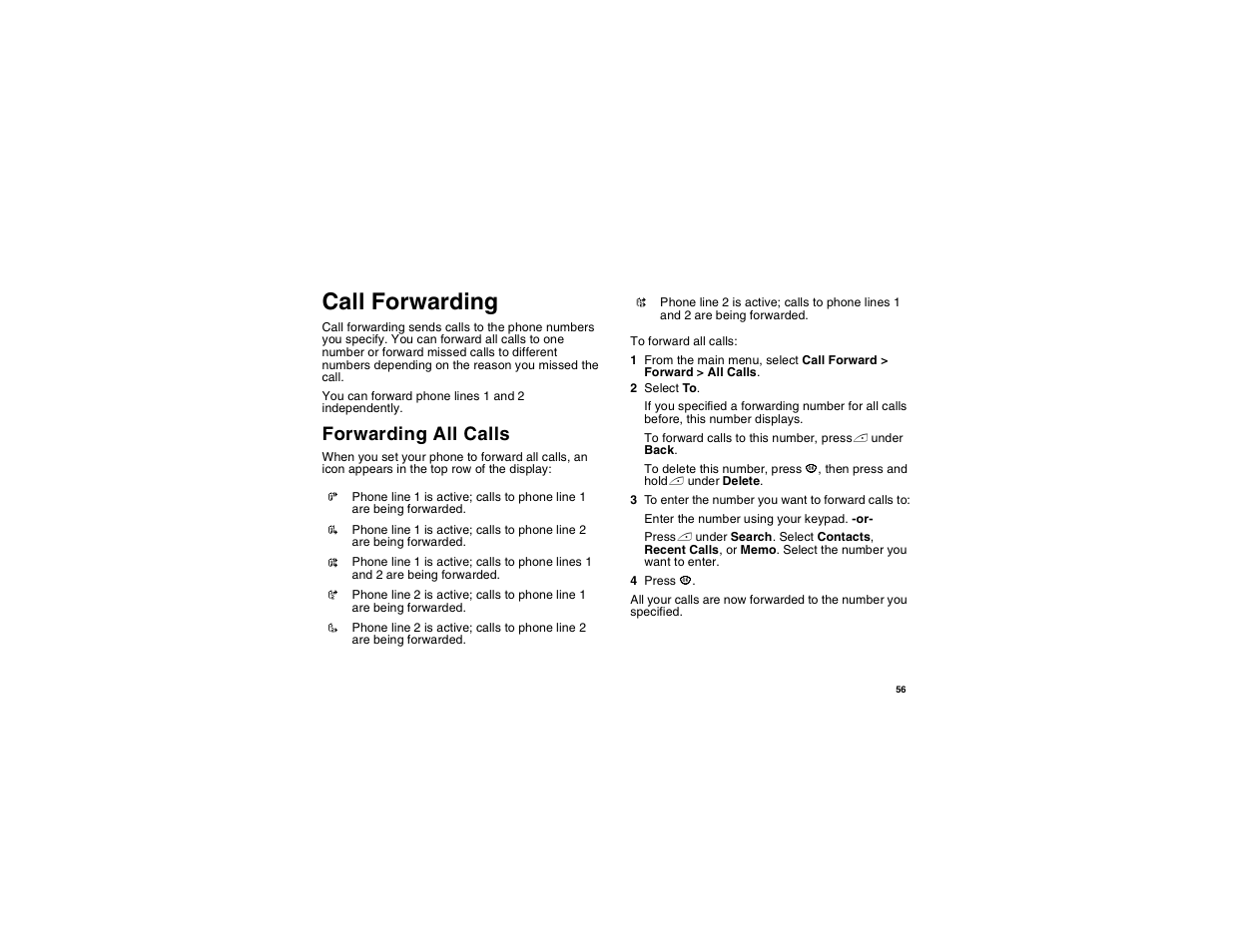 Call forwarding, Forwarding all calls | Motorola i560 User Manual | Page 65 / 209