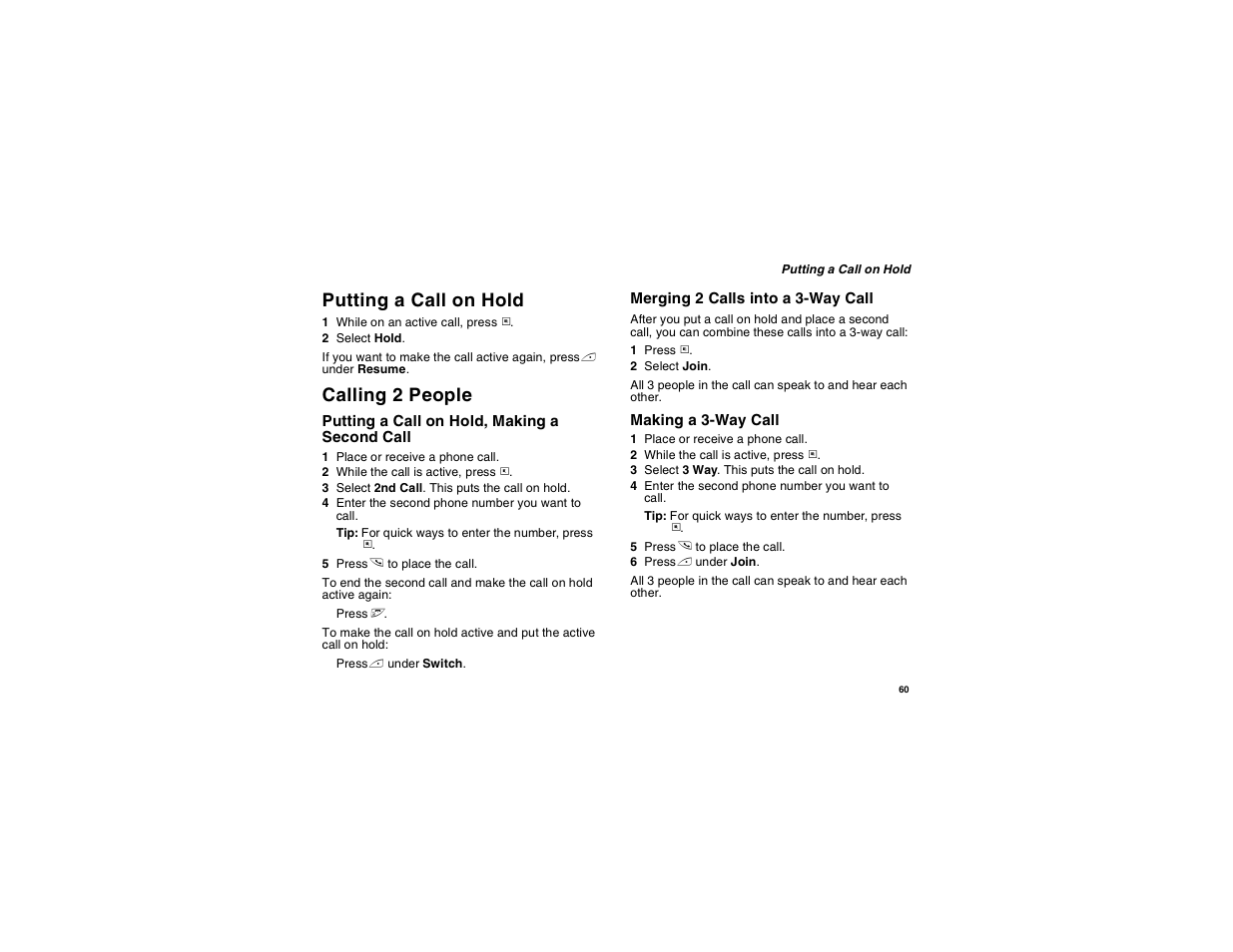 Putting a call on hold, Calling 2 people | Motorola i560 User Manual | Page 69 / 209