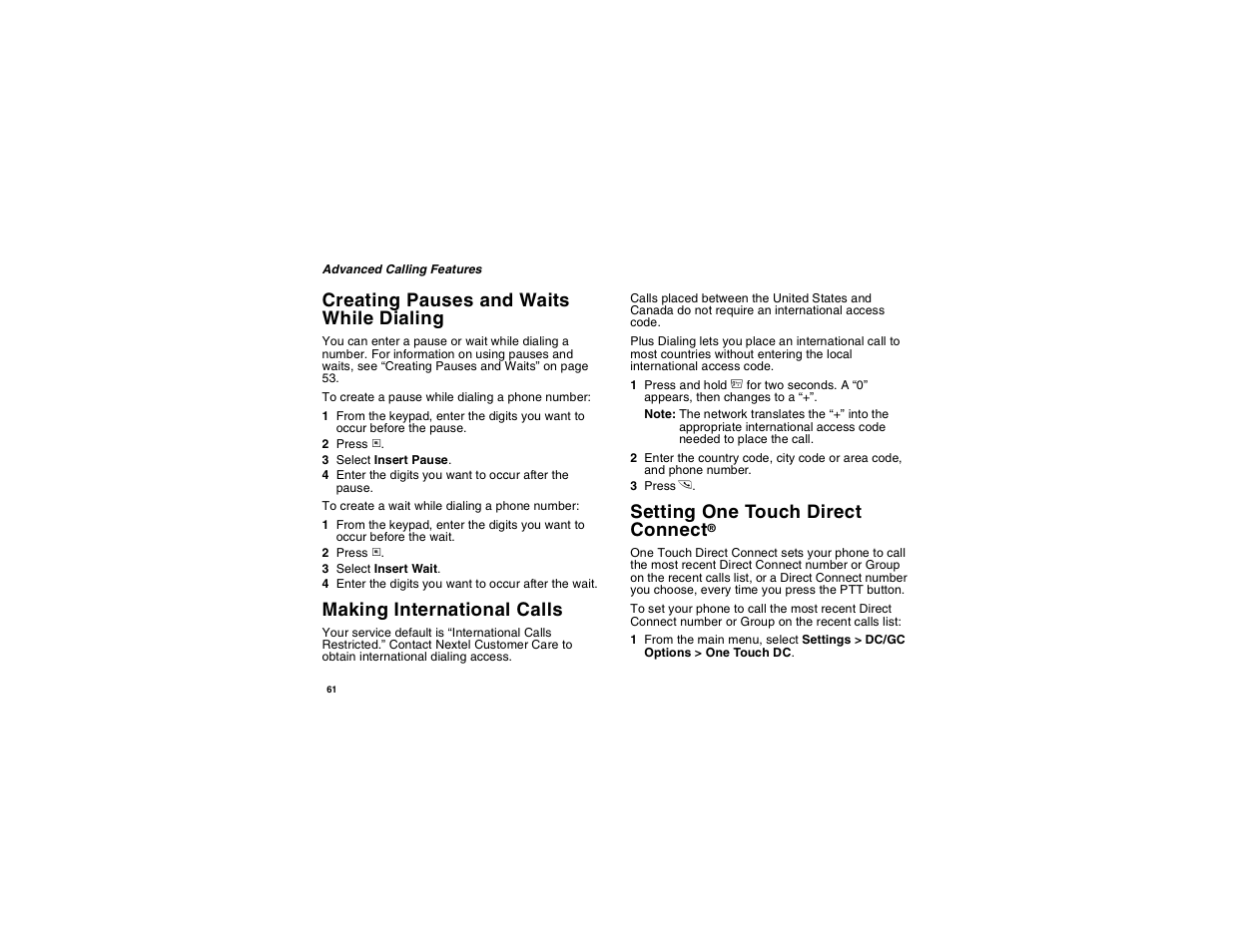 Creating pauses and waits while dialing, Making international calls, Setting one touch direct connect | Motorola i560 User Manual | Page 70 / 209