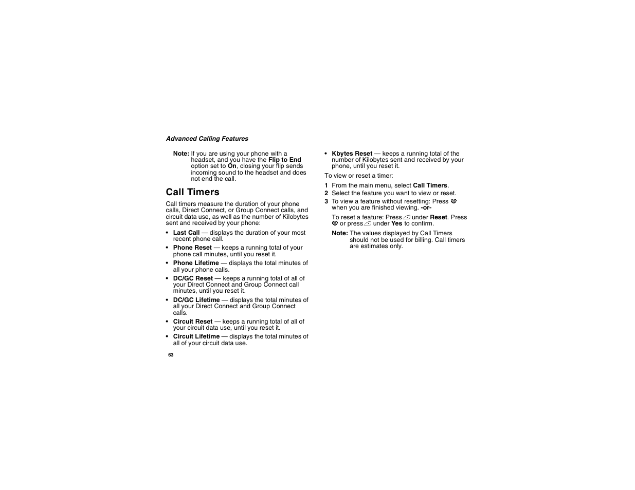 Call timers | Motorola i560 User Manual | Page 72 / 209