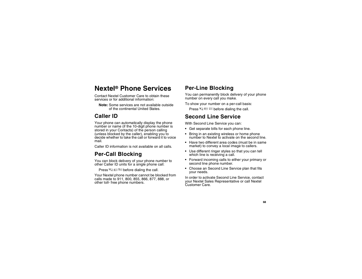 Nextel® phone services, Caller id, Per-call blocking | Per-line blocking, Second line service, Nextel, Per-line blocking second line service, Phone services | Motorola i560 User Manual | Page 77 / 209