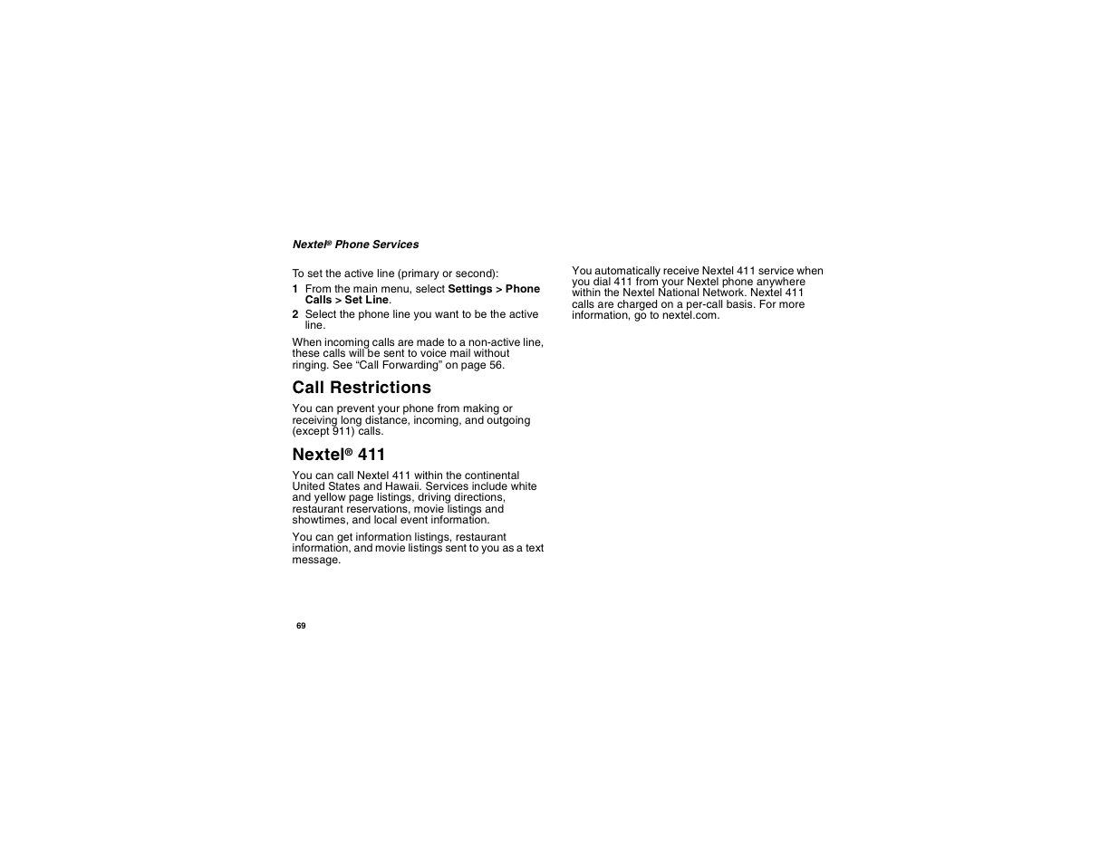 Call restrictions, Nextel® 411, Nextel | Motorola i560 User Manual | Page 78 / 209