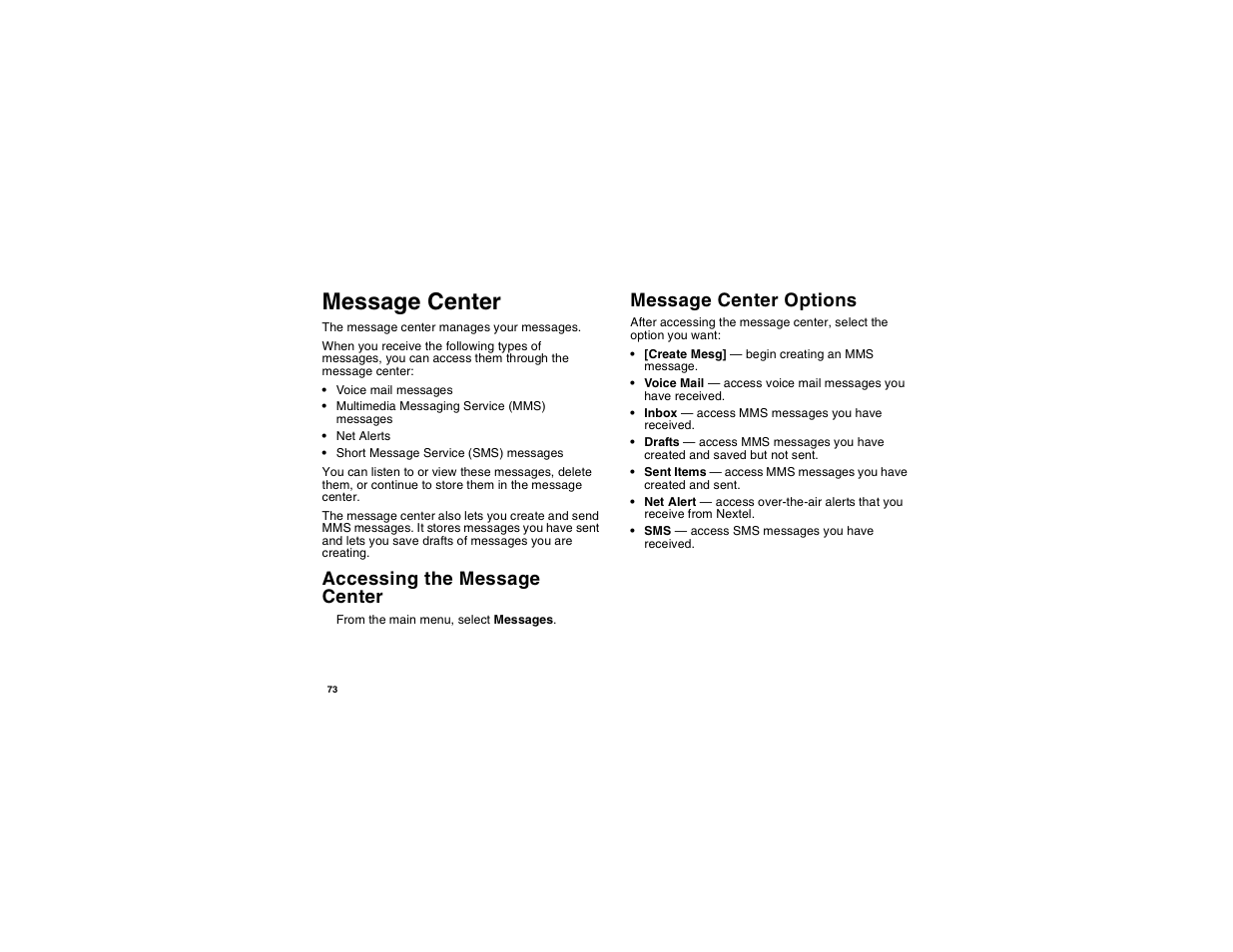 Message center, Accessing the message center, Message center options | Motorola i560 User Manual | Page 82 / 209