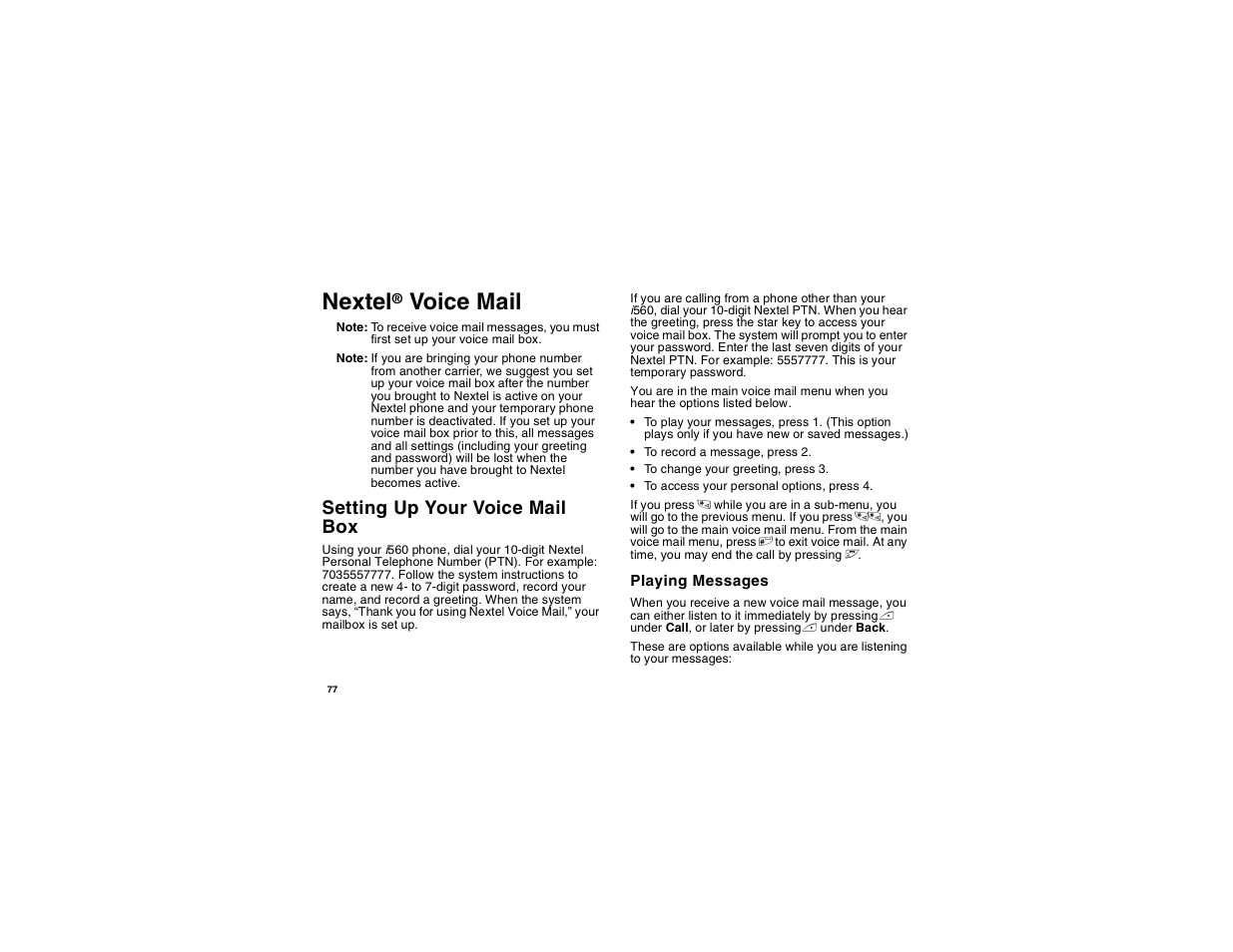 Nextel® voice mail, Setting up your voice mail box, Playing messages | Nextel, Voice mail | Motorola i560 User Manual | Page 86 / 209