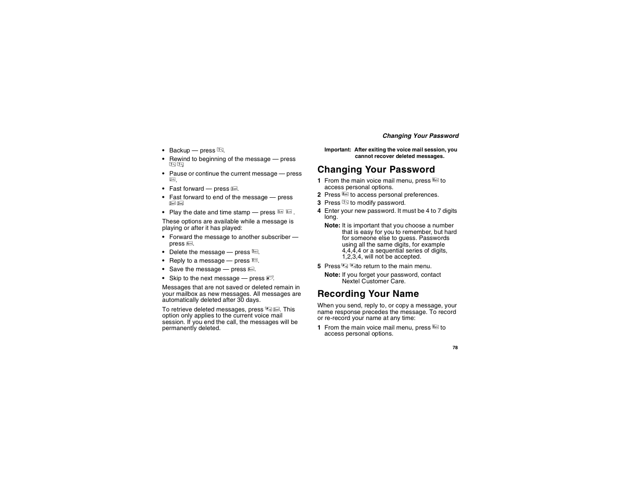 Changing your password, Recording your name | Motorola i560 User Manual | Page 87 / 209