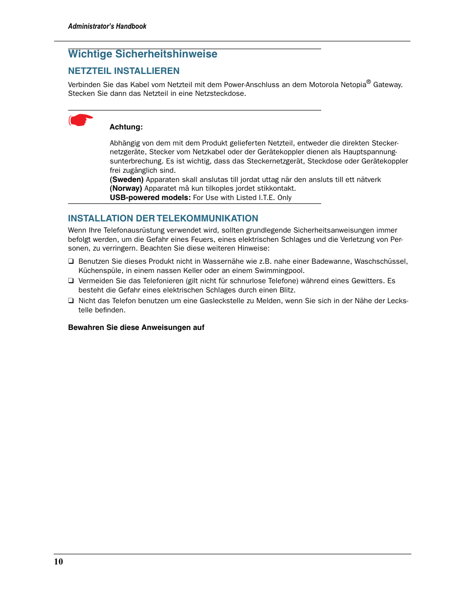 Wichtige sicherheitshinweise, Netzteil installieren, Installation der telekommunikation | Motorola 2200 User Manual | Page 10 / 262