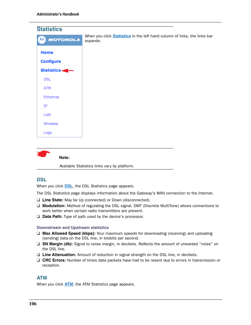 Statistics, Dsl atm | Motorola 2200 User Manual | Page 106 / 262