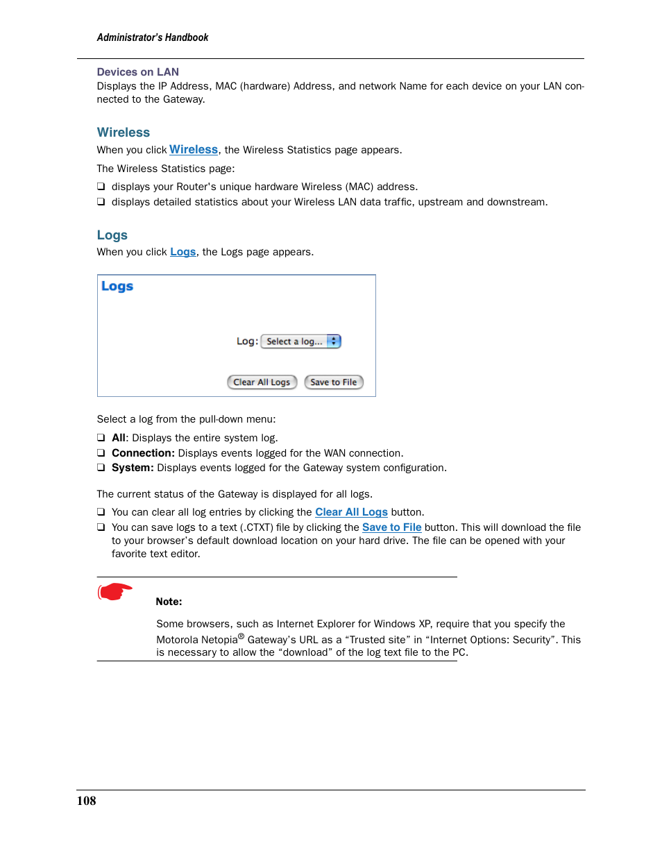 Wireless, Logs, Wireless logs | Motorola 2200 User Manual | Page 108 / 262