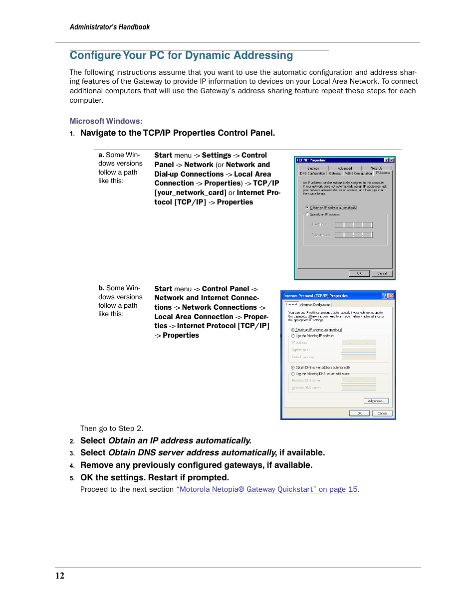 Configure your pc for dynamic addressing, Conﬁgure your pc for dynamic addressing | Motorola 2200 User Manual | Page 12 / 262