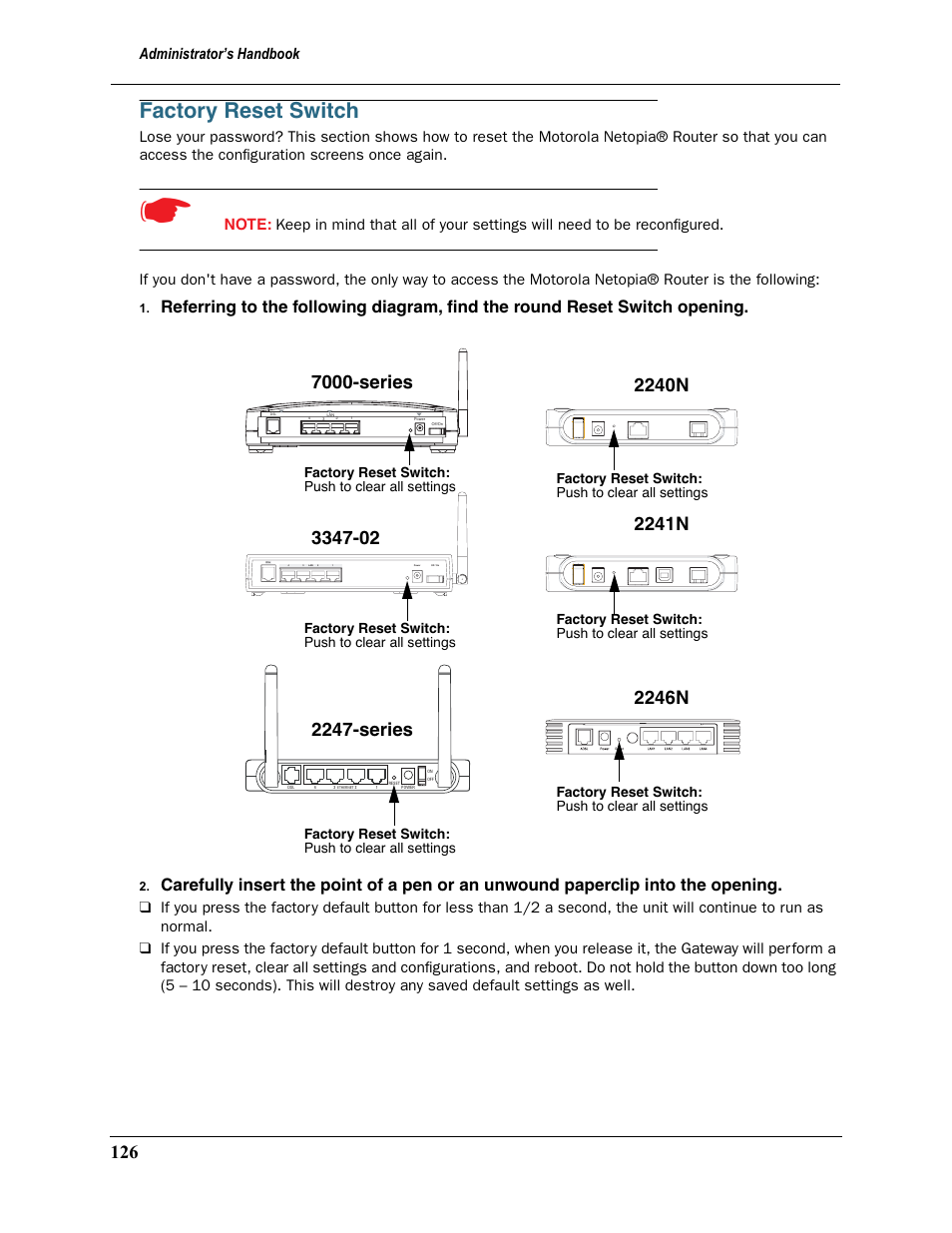 Factory reset switch, 7000-series, Administrator’s handbook | Motorola 2200 User Manual | Page 126 / 262