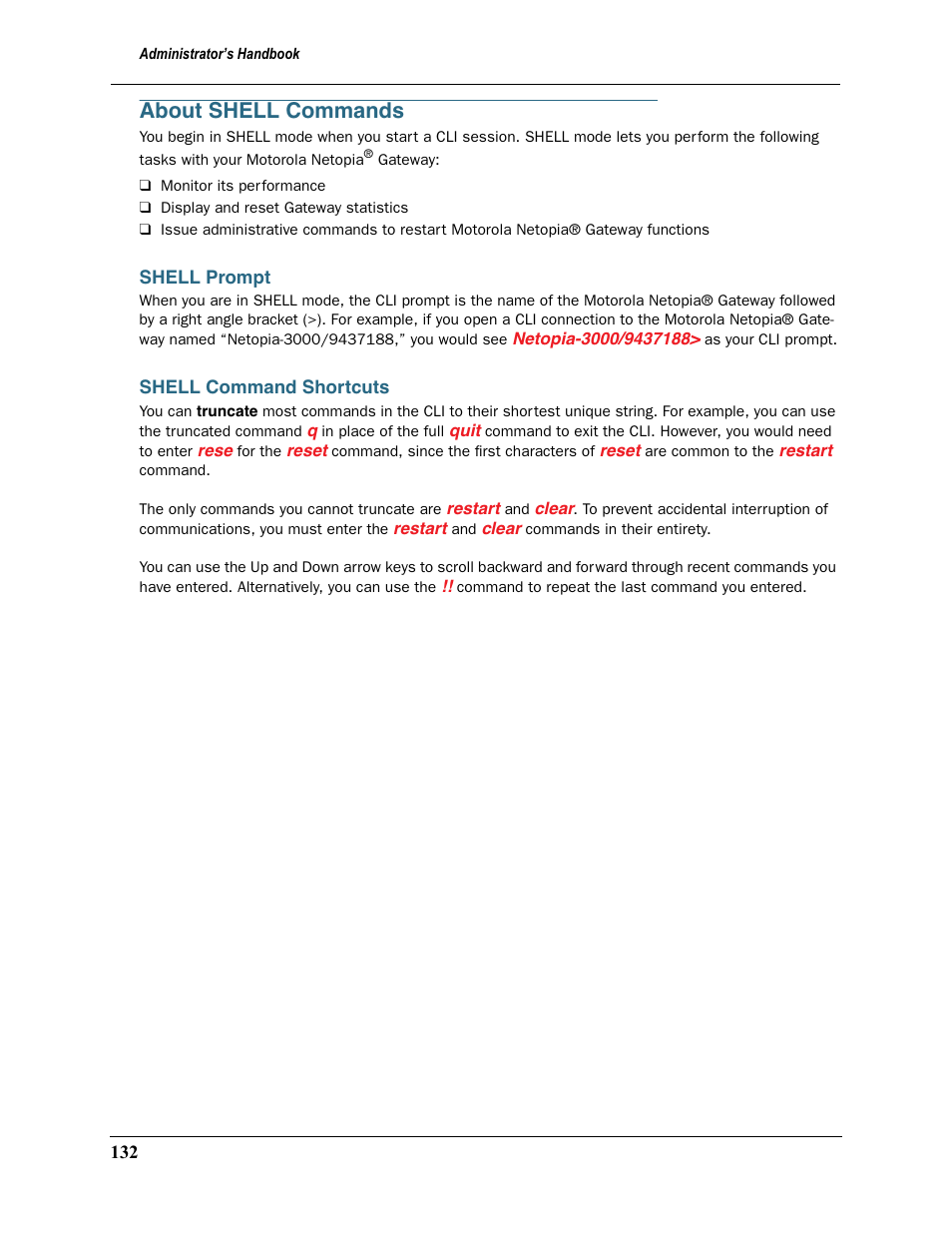 About shell commands, Shell prompt, Shell command shortcuts | Shell prompt shell command shortcuts | Motorola 2200 User Manual | Page 132 / 262