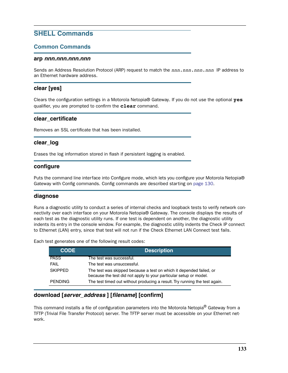 Shell commands, Common commands | Motorola 2200 User Manual | Page 133 / 262