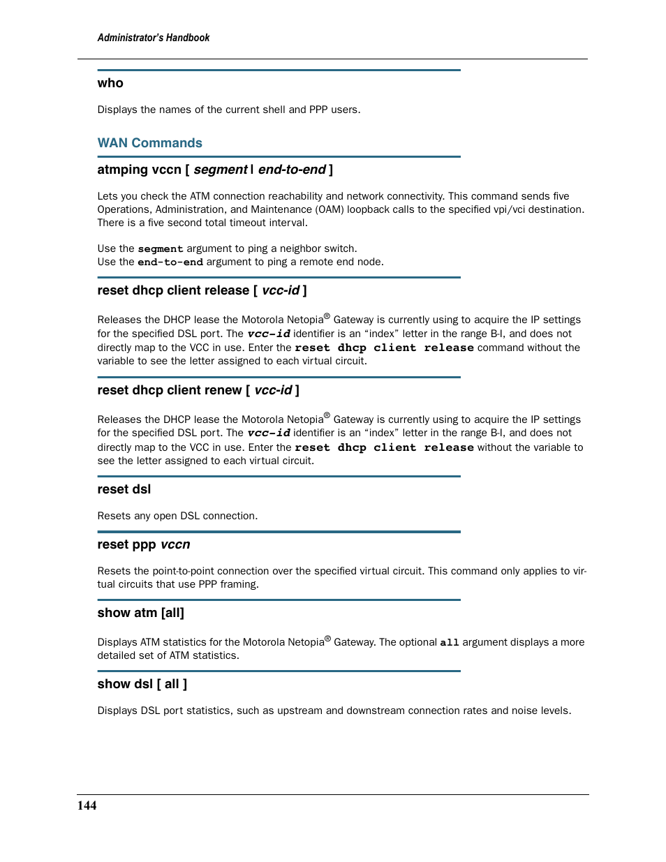 Wan commands | Motorola 2200 User Manual | Page 144 / 262