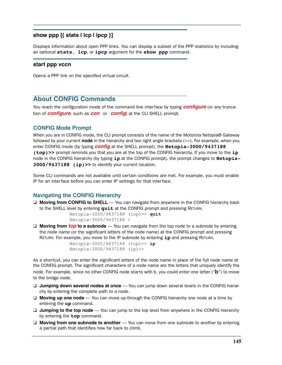 About config commands, Config mode prompt, Navigating the config hierarchy | Config mode prompt navigating the config hierarchy | Motorola 2200 User Manual | Page 145 / 262