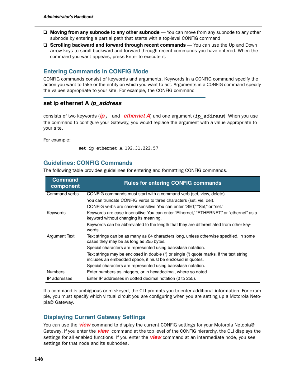 Entering commands in config mode, Guidelines: config commands, Displaying current gateway settings | Motorola 2200 User Manual | Page 146 / 262